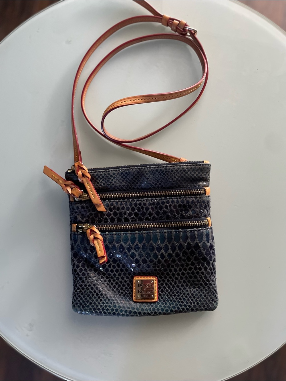 Dooney & Bourke Navy Snake-Embossed Crossbody with Tan Trim